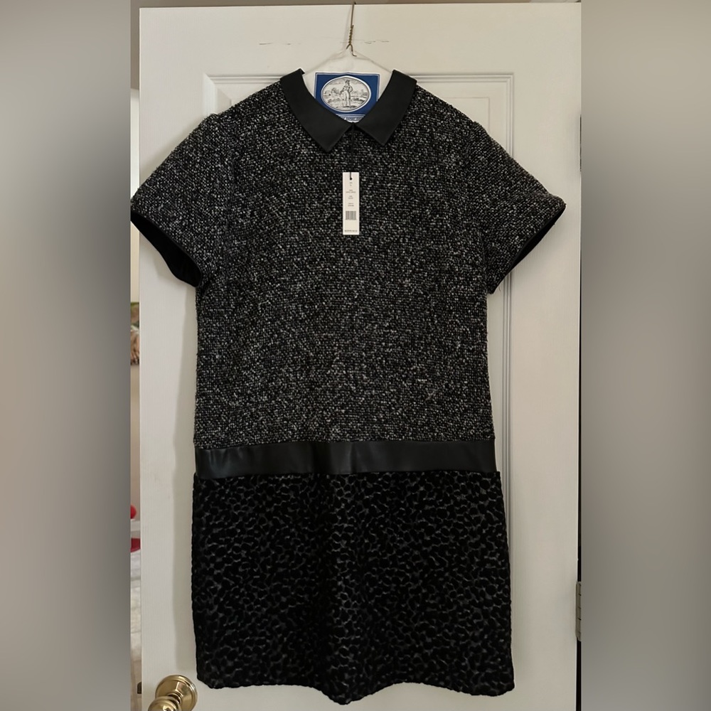 Nancy Dress Brand 60’s Style Mini Dress.  Tweed with Leather Trim. Size Large.